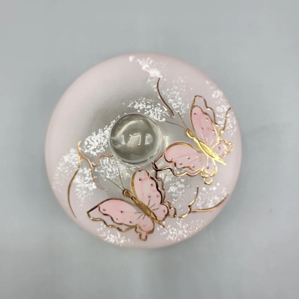 Butterfly Trinket Dish Vanity Jar Frosted Pink Glass Gold Accents Hand Painted